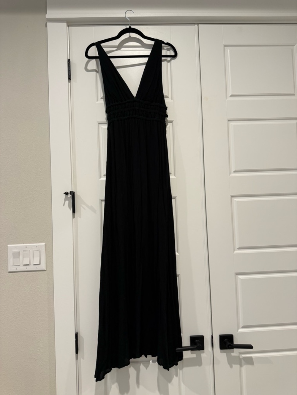 Wayf Black V-Neck Smocked-Waist Maxi Dress